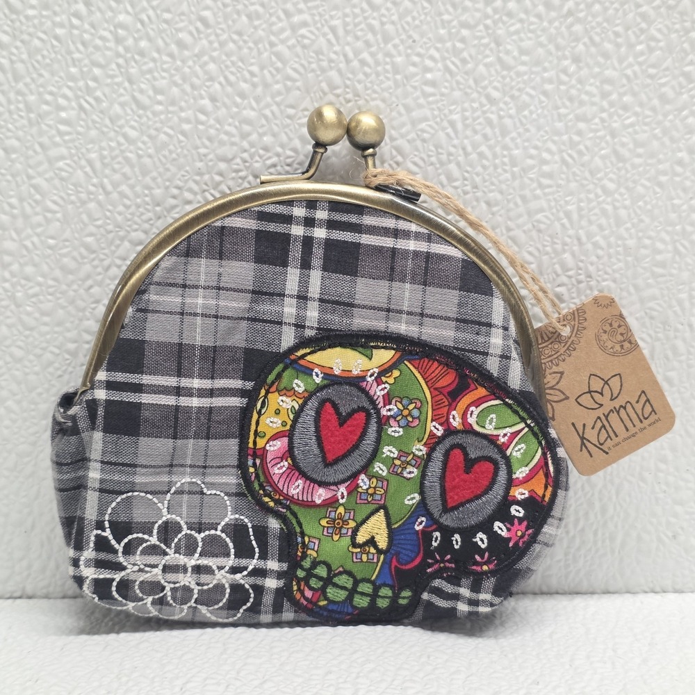 Karma Black Plaid Multicolor Embroidered Sugar Skull Clasp Purse Clutch NWT